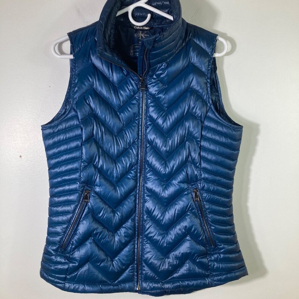 Womens Calvin Klein Down Puffer Vest Full Zip Collar Neck Blue M‎